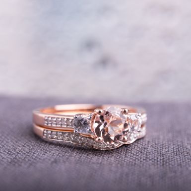 image of Miadora 10k Rose Gold Morganite, Created White Sapphire and 1/6ct TDW Diamond 3-Stone Bridal Ring Set - 7 with sku:cwpq3wyjnend6ppyuvkf-qstd8mu7mbs-mia-ovr