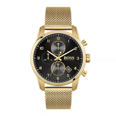 Hugo Boss - Mens Skymaster Gold-Tone Stainless Steel Mesh Watch Black Dial