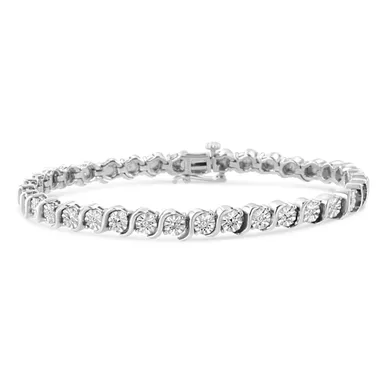 image of .925 Sterling Silver 1/10 Cttw Miracle-Set Diamond Round Miracle Plate "S" Link 7" Tennis Bracelet (I-J Color, I2- I3 Clarity) - Choice of Metal Color with sku:018709b700-luxcom