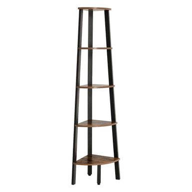 image of Five Tier Ladder Style Wooden Corner Shelf with Iron Framework, Brown and Black - Brown with sku:2yk9qpxtvr_yafdmunrc5wstd8mu7mbs-overstock