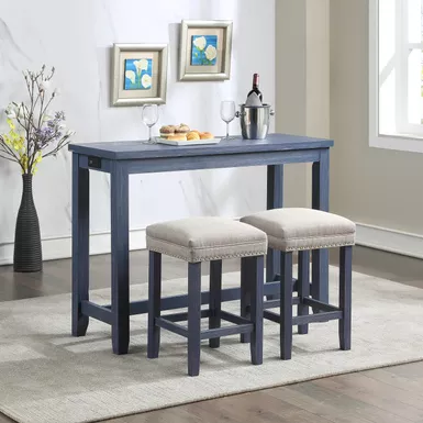 image of Rustic Wood 3-Piece Counter Height Dining Set in Antique Blue/Gray with sku:idf-3474bl-pt-3pk-foa