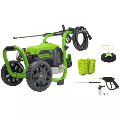 image of Greenworks - Electric Pressure Washer up to 3000 PSI at 2.0 GPM Combo Kit with short gun, mitts, and 15" surface cleaner - Green with sku:bb22212169-bestbuy