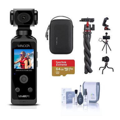 image of Minolta MN4KP1 4K Ultra HD Wi-Fi Enabled Pocket Camcorder, Black Bundle with 64GB microSD Card, Carrying Case, Octopus Tripod, Cleaning Kit with sku:imn4kp1bkek-adorama