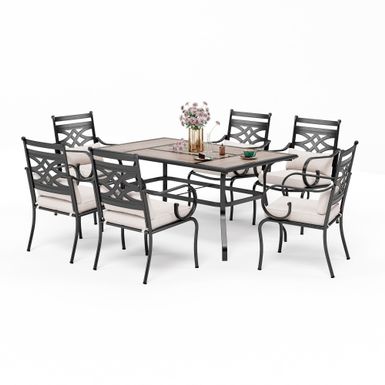 image of 7-Piece Outdoor Dining Set Geometric Rectangle Table & Elegant Cast Iron Pattern Dining Chairs - Black with sku:ibaaysn90jnwcxb_fcl5cqstd8mu7mbs--ovr
