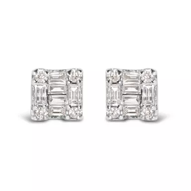 image of 10K White Gold 1/7 Cttw Round and Baguette Diamond Mosaic Square Stud Earrings (H-I Color, I1-I2 Clarity) with sku:021106eash-luxcom