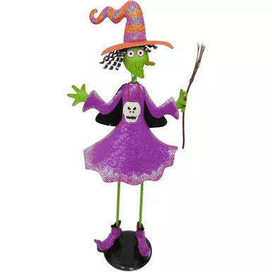 28-In. Iron Witch Holding a Broomstick with Removable Yard Stake for Indoor or Outdoor Halloween Decoration