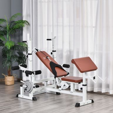 image of Soozier Multi-Exercise Full-Body Weight Rack with Bench Press, Leg Extension, Chest Fly Resistance Band & Preacher Curl - White/Brown with sku:x6mangestji4nuvzvmw2castd8mu7mbs-overstock