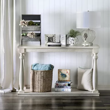 Rustic Wood Open Shelf Sofa Table in Antique White