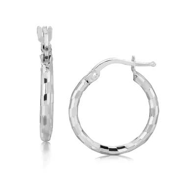 Sterling Silver Rhodium Plated Diamond Cut Small Hoop Earrings (15mm)