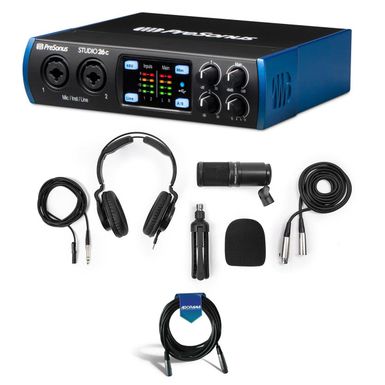 image of PreSonus Studio 24c 2x2 Portable UH Definition USB Type-C Audio/MIDI Interface with XMAX-L Preamps - With Zoom ZDM-1 Podcast Microphone Pack, 20' Microphone Cable, Male XLR to Female XLR with sku:prsst24cb-adorama