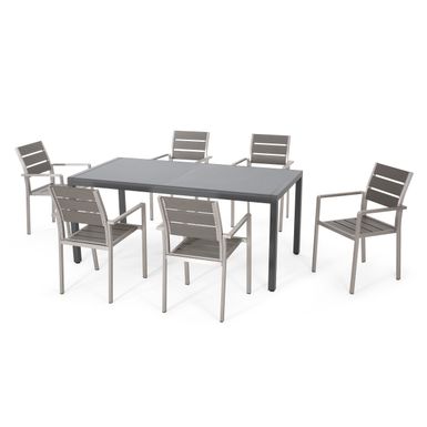 image of Cape Coral Outdoor Modern 6 Seater Aluminum Dining Set with Tempered Glass Table Top by Christopher Knight Home - Gun Metal Gray+Gray+Silver with sku:mvh_okzdfkn9xn6seoa7eqstd8mu7mbs-overstock
