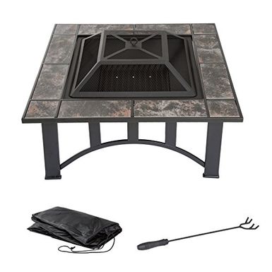 image of Fire Pit Set, Wood Burning Pit - Includes Screen, Cover and Log Poker - Great for Outdoor and Patio, 33 inch Square Marble Tile Firepit by Pure Garden with sku:b01df7mkma-pur-amz