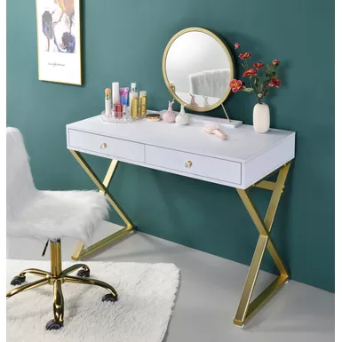 image of ACME Coleen Vanity Desk w/Mirror & Jewelry Tray, White & Gold Finish with sku:ac00667-acmefurniture