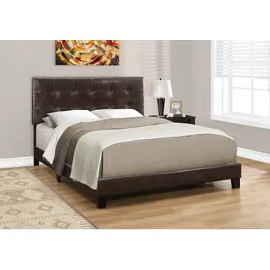 Bed/ Queen Size/ Platform/ Bedroom/ Frame/ Upholstered/ Pu Leather Look/ Wood Legs/ Brown/ Transitional