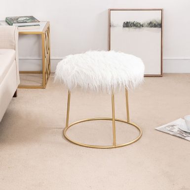 image of Adeco Vanity Stool Chair Fluffy Ottoman Footrest Round Metal Base - White with sku:mpputfhovxdpl0xrgelrkgstd8mu7mbs--ovr