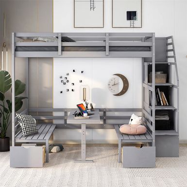 image of Merax Convertible Full over Full Bunk Bed with Staircase - Grey with sku:xpolesaof1ucklnlxwvecqstd8mu7mbs--ovr