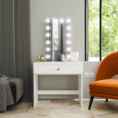 image of Boahaus Small Makeup Vanity Desk, Lights Add-On, 2 Drawers, White - Rose Gold Crystal Ball Knobs with sku:wux9syjeiwx-zofh_aqfdastd8mu7mbs-overstock