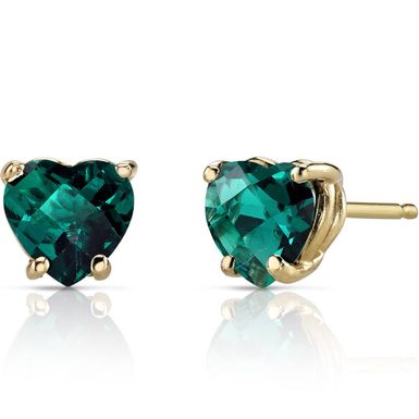 Oravo 14k Yellow Gold 1 1/2ct TGW Created Emerald Heart Shape Stud Earrings - Emerald