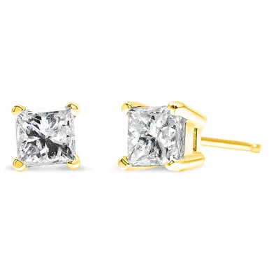 image of AGS Certified 14k Yellow Gold 1/4 cttw 4-Prong Set Princess-Cut Solitaire Diamond Push Back Stud Earrings (H-I Color, SI2-I1 Clarity) with sku:018598yags-luxcom