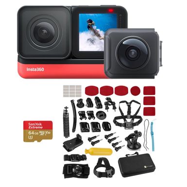 image of Insta360 ONE R Twin Edition Dual Lens 360 + 4K Wide-angle Mods, Waterproof Sports and Action Camera Bundle with Froggi Extreme Sport Accessory Set, 64GB microSD Card with sku:insta3601rtb-adorama