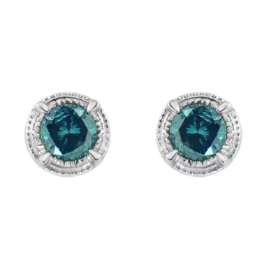 .925 Sterling Silver 1/4 cttw Treated Blue Diamond Modern 4-Prong Solitaire Milgrain Stud Earrings (Blue Color, I1-I2 Clarity)