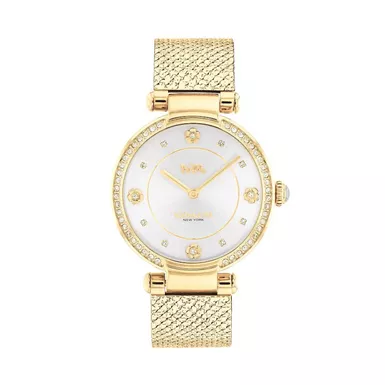 Coach - Ladies Cary Crystal Gold-Tone Stainless Steel Mesh Watch White Dial