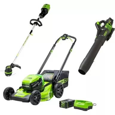 image of Greenworks - 80 Volt 21-Inch Self Propelled Lawn Mower 13-Inch String Trimmer and 730 CFM Blower (1 x 4.0Ah Battery and 1 x Charger ) - Green with sku:bb22122451-bestbuy