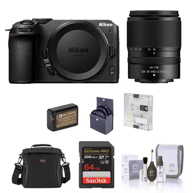 Nikon Z 30 DX-Format Mirrorless Camera Body with Nikon NIKKOR Z DX 18-140mm f/3.5-6.3 VR Lens, Bundle with 64GB SD Memory Card, Bag, Battery, Screen Protector, 62mm Filter Kit, Cleaning Kit