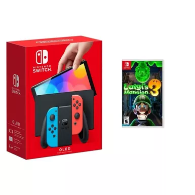 image of Nintendo - Switch OLED Neon (Red/Blue) + Luigi's Mansion 3 BUNDLE with sku:nswolnelm3-floridastategames