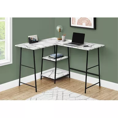 Computer Desk/ Home Office/ Corner/ Storage Shelves/ 48"L/ L Shape/ Work/ Laptop/ Metal/ Laminate/ White Marble Look/ Black/ Contemporary/ Modern