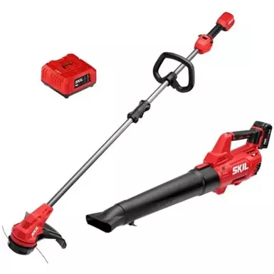 image of Skil - 20-Volt 13-Inch Cutting Diameter Brushless Grass Trimmer and 400 CFM Leaf Blower (1 x 4.0Ah Battery and 1 x Charger) - Red/Black with sku:bb22065635-bestbuy