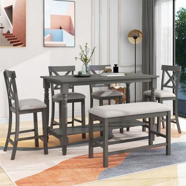 image of Merax 6-Piece Counter Height Dining Set with Shelf, Upholstered Seat - Grey with sku:jqflj1qn8tsklm8j1acvpastd8mu7mbs--ovr