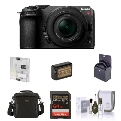 Nikon Z 30 DX-Format Mirrorless Camera with 16-50mm Lens, Bundle with 64GB SD Memory Card, Bag, Battery, Screen Protector, 46mm UV, CPL and ND Filters, Cleaning Kit