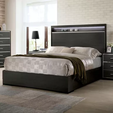 image of Contemporary Wood Queen Panel Bed with LED Lights in Warm Gray with sku:idf-7589q-foa