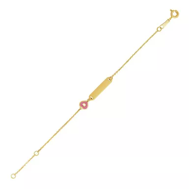 14k Yellow Gold Childrens ID Bracelet with Enameled Heart (5.5 Inch)