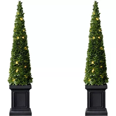 Fraser Hill Farm 40" Potted Faux Boxwood Topiary - LED Lights, Set of 2