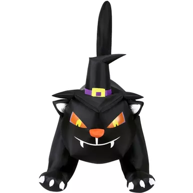 6-ft. Wide Prelit Inflatable Black Cat with Witch Hat