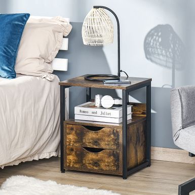 image of HOMCOM Industrial Side Table, Night Stand with 2 Storage Drawers Accent Piece for Living Room, Bedroom - Brown with sku:wyxvztg18vxlwil8p-lx3gstd8mu7mbs-overstock