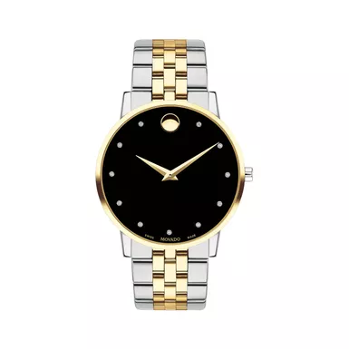 Movado - Mens Museum Classic Two-Tone Diamond Marker Watch Black Dial