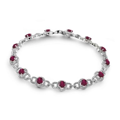 JewelonFire 5.80 Carat Genuine Ruby & 1/20 Ctw White Diamond Sterling Silver Bracelet - White