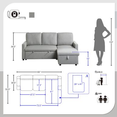 Mona Reversible Sectional Sofa Chaise with Pull-Out Bed - Light Gray
