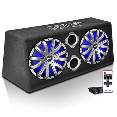 image of 10'' Dual Bass Subwoofer Box System - 500-Watt Slim Mount Truck Audio Subwoofer Box, 4 Layer Dual Voice Coil, Rear Vented Design with Built-in Illuminating LED Lights - PLBAS102LE with sku:b09xvp1jm4-pyl-amz