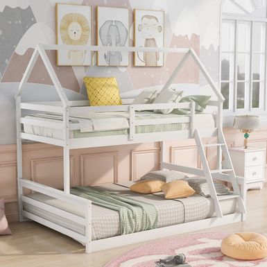 Rent to own Twin over Full House Bunk Bed with Built-in Ladder - Grey ...