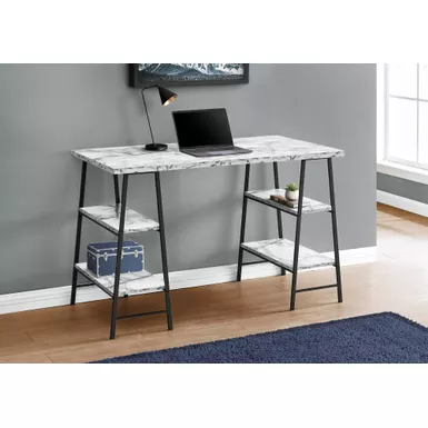 Computer Desk/ Home Office/ Laptop/ Storage Shelves/ 48"L/ Work/ Metal/ Laminate/ White Marble Look/ Black/ Contemporary/ Modern