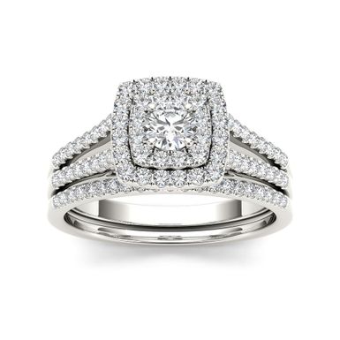 image of De Couer IGI Certified 10k White Gold 3/4ct TDW Diamond Double Halo Engagement Ring Set - 9 - White with sku:epv6ruc6_o3cw8oyg9zqxgstd8mu7mbs--ovr