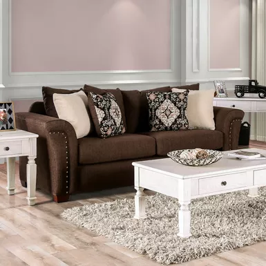 Transitional Fabric Nailhead Sofa in Chocolate