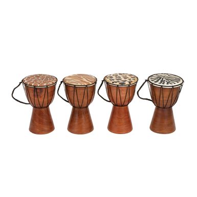 Varnished Wood Decorative Drum (Set of 4) - VARNISHED WOOD DRUM 4 ASST