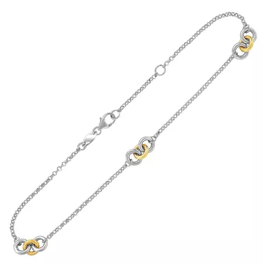 14k Yellow Gold and Sterling Silver Triple Ring Stationed Anklet (10 Inch)