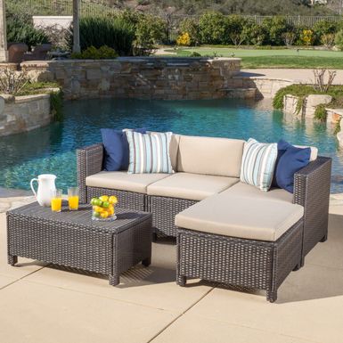 Outdoor Puerta PE Wicker L-shaped Sectional 5-piece Sofa Set with Cushions by Christopher Knight Home - Brown Wicker with Beige Cushions
