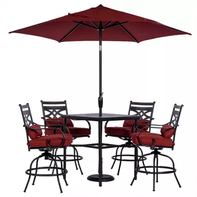 image of Montclair 5pc High Dining: 4 Swivel Chairs, 33" Square High Table, Umbrella & Base with sku:mclrdn5pcbr-su-c-almo